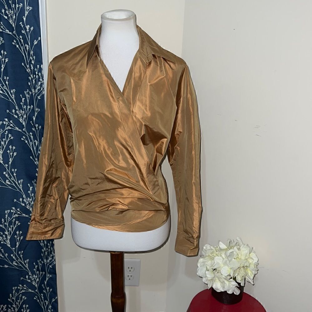 Rene Lezard Silk Wrap Front Blouse Long Sleeves Collar sz Small